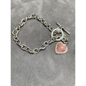 Natural Pink Stone Heart Bracelet Toggle Closure Oval Cable Link 7” Silver Tone